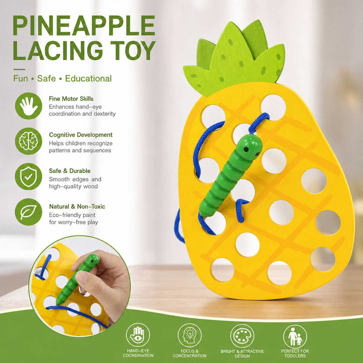 Travel Accessories Baby - Holz-Schnürspielzeug Ananas, Fädelspielzeug, Puzzle, Reisespielzeug, frühes